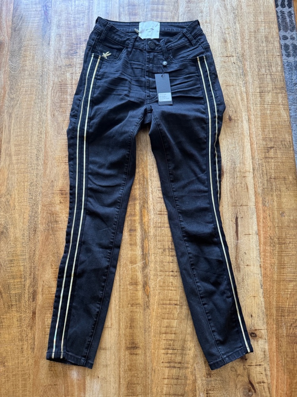 One Teaspoon Black Skinny Jeans with Gold Side Stripes HW Freebirds II 26 NWT